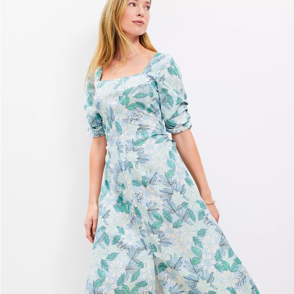 LOFT Gardenia Shirred Linen Blend Midi Floral Blue and Green Dress - Size 4